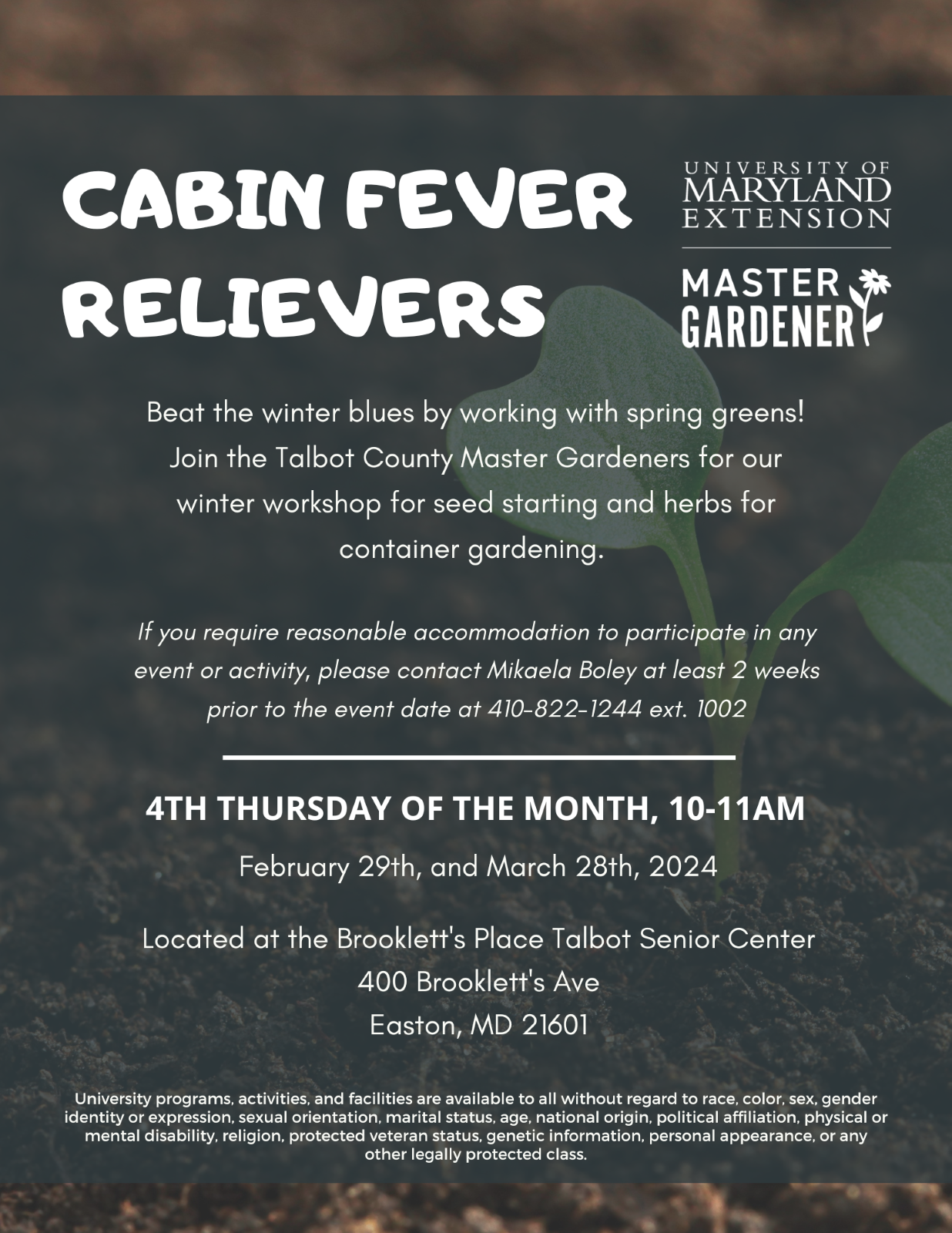 Flyer with information about program including dates, times, topics, and location.