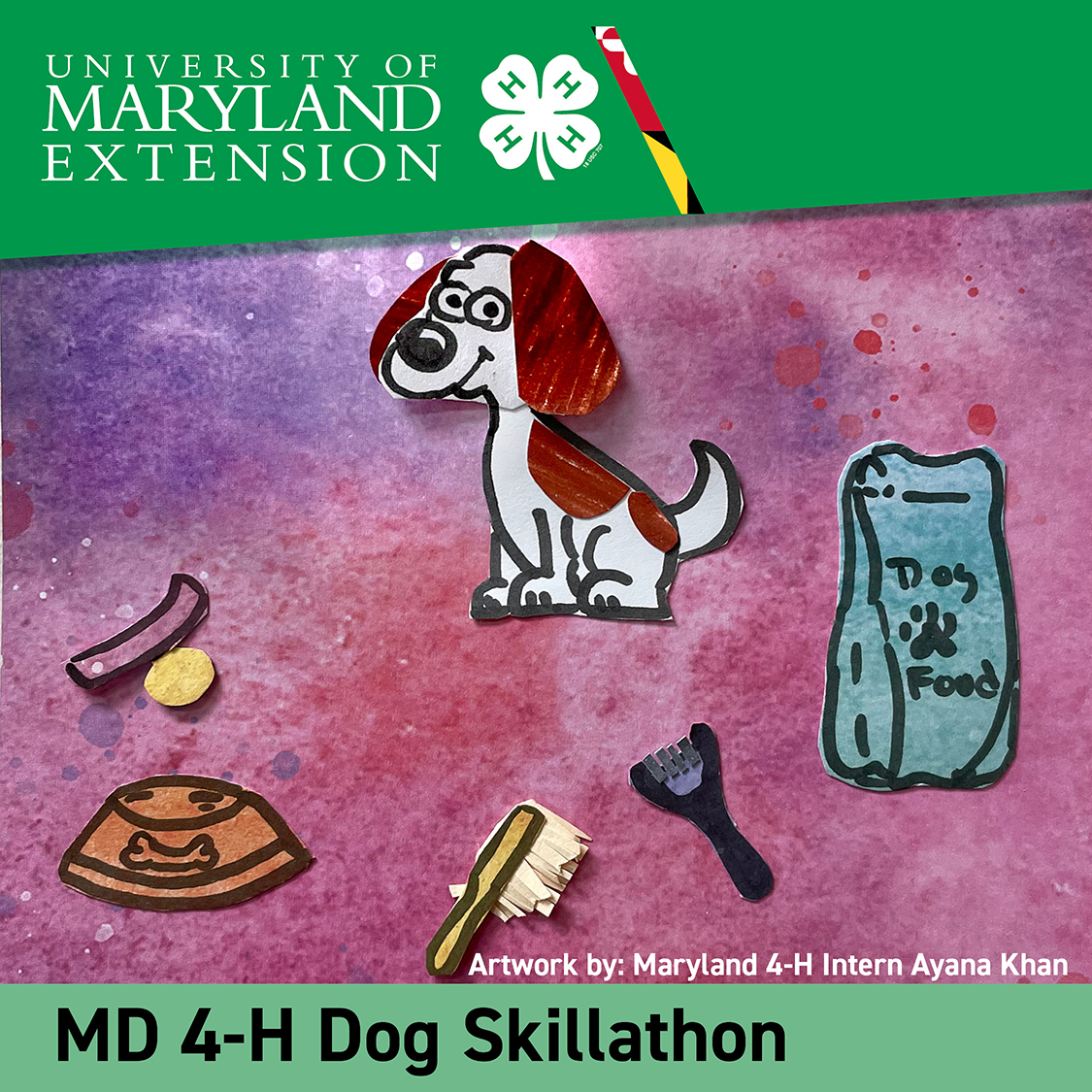 Student artwork of a dog with equipment for dog care