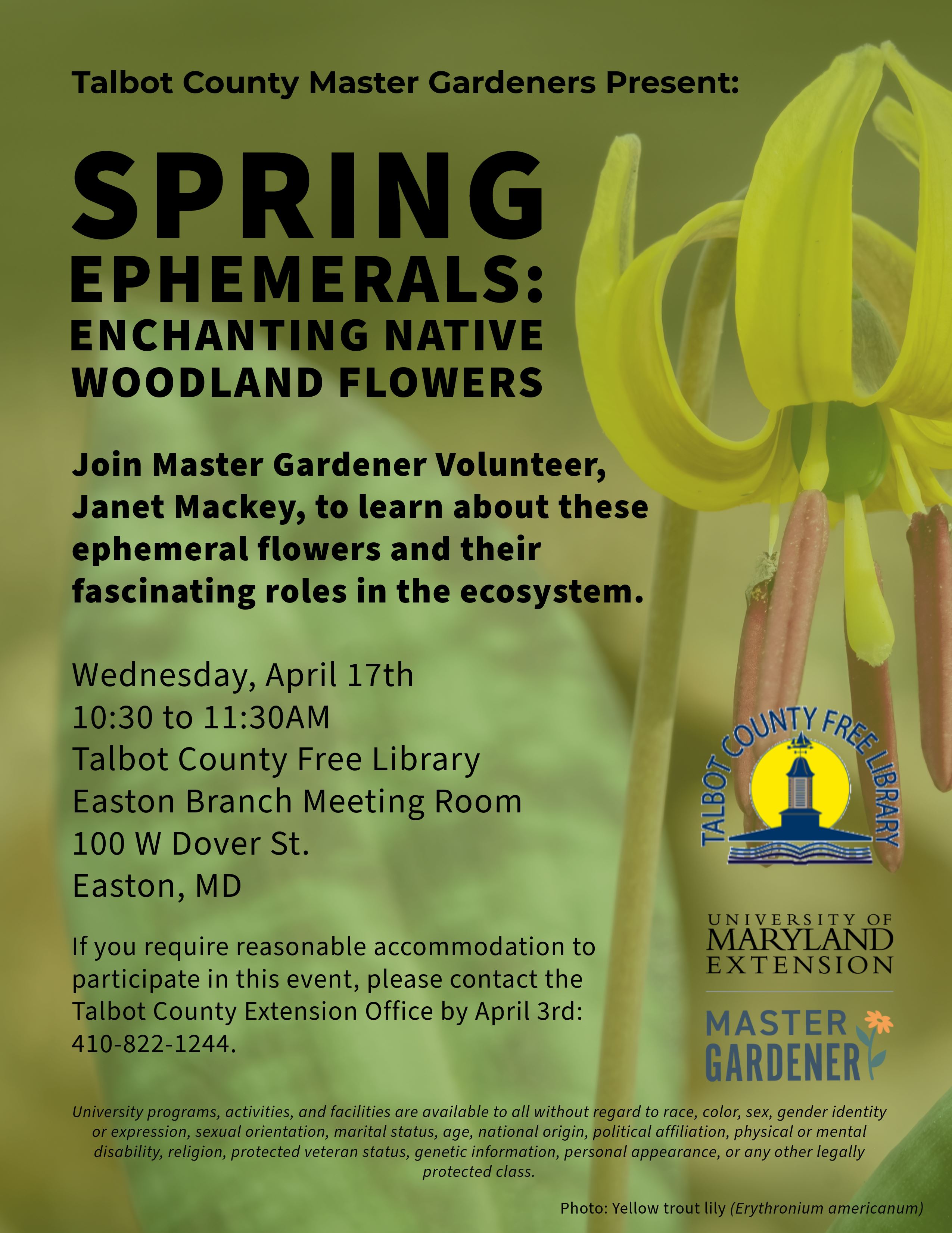 Flyer for lecture about spring ephemerals with details about the location, date, time, and description.