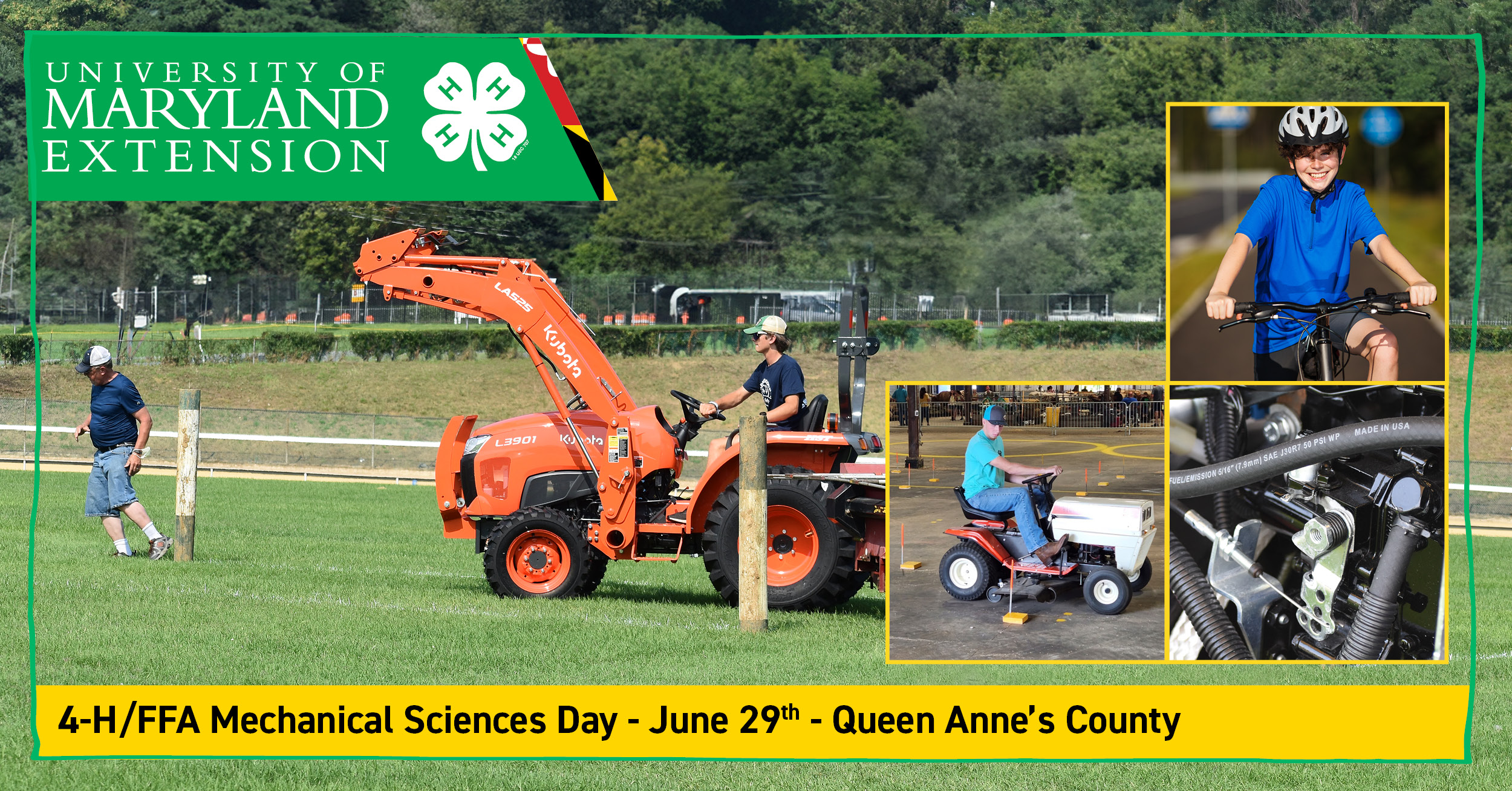 Tractor, boy on bike, boy on lawn tractor, engine