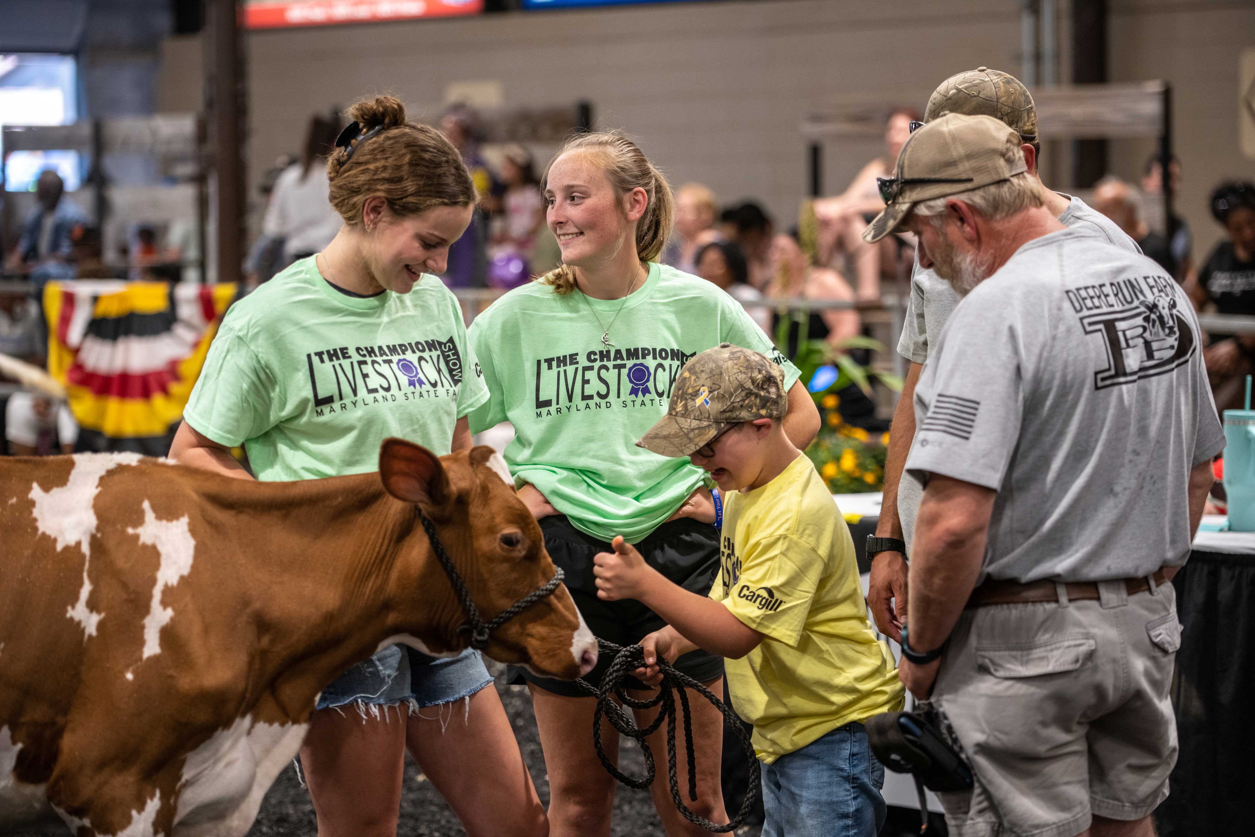 Students and child petting a young cow at the Maryland State Fair. 