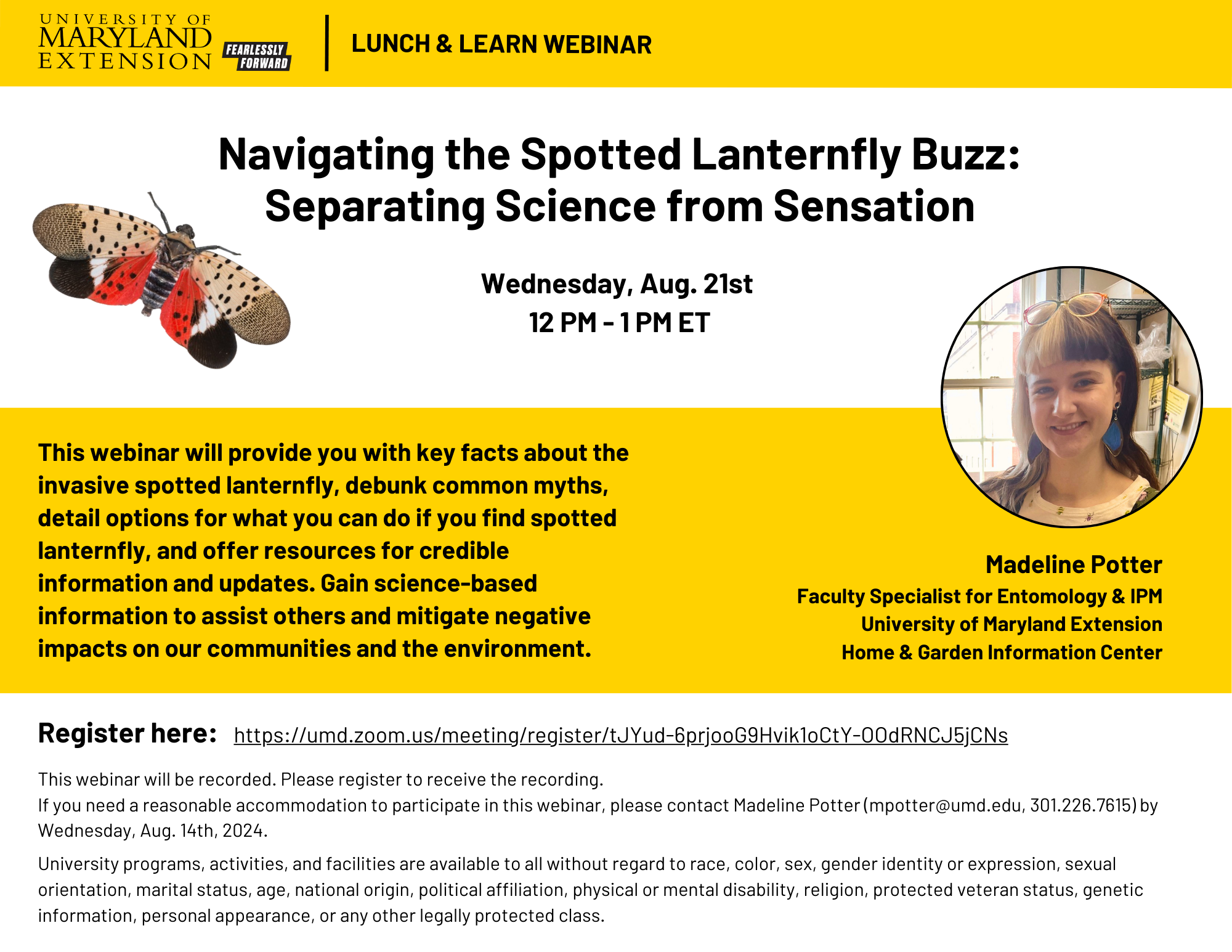 A flyer with the webinar title, short description, presenter information, registration link, accommodation statement, and UME equity statement. 