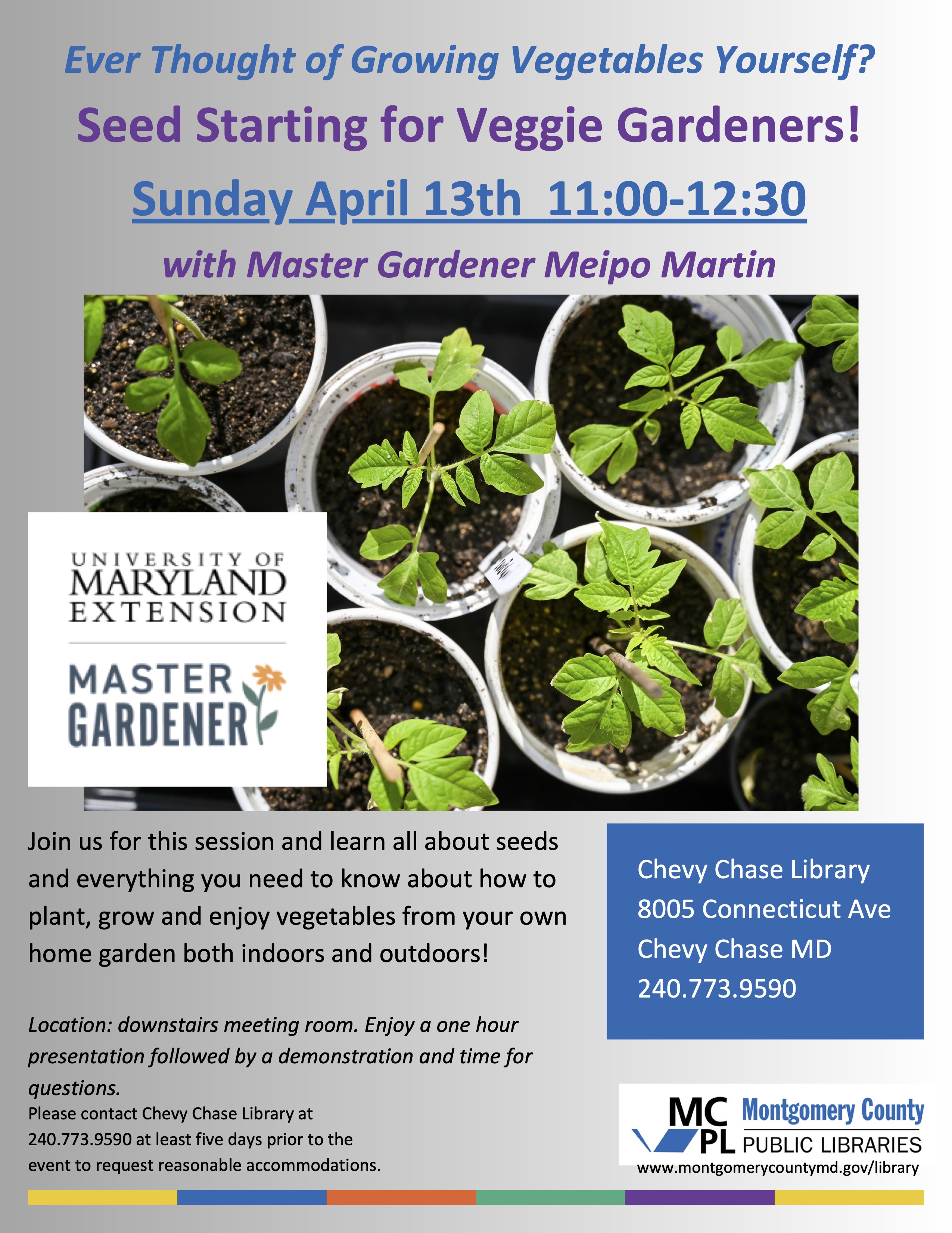 Seed Starting for Veggie Gardeners at Chevy Chase Library on April 13 at 11AM
