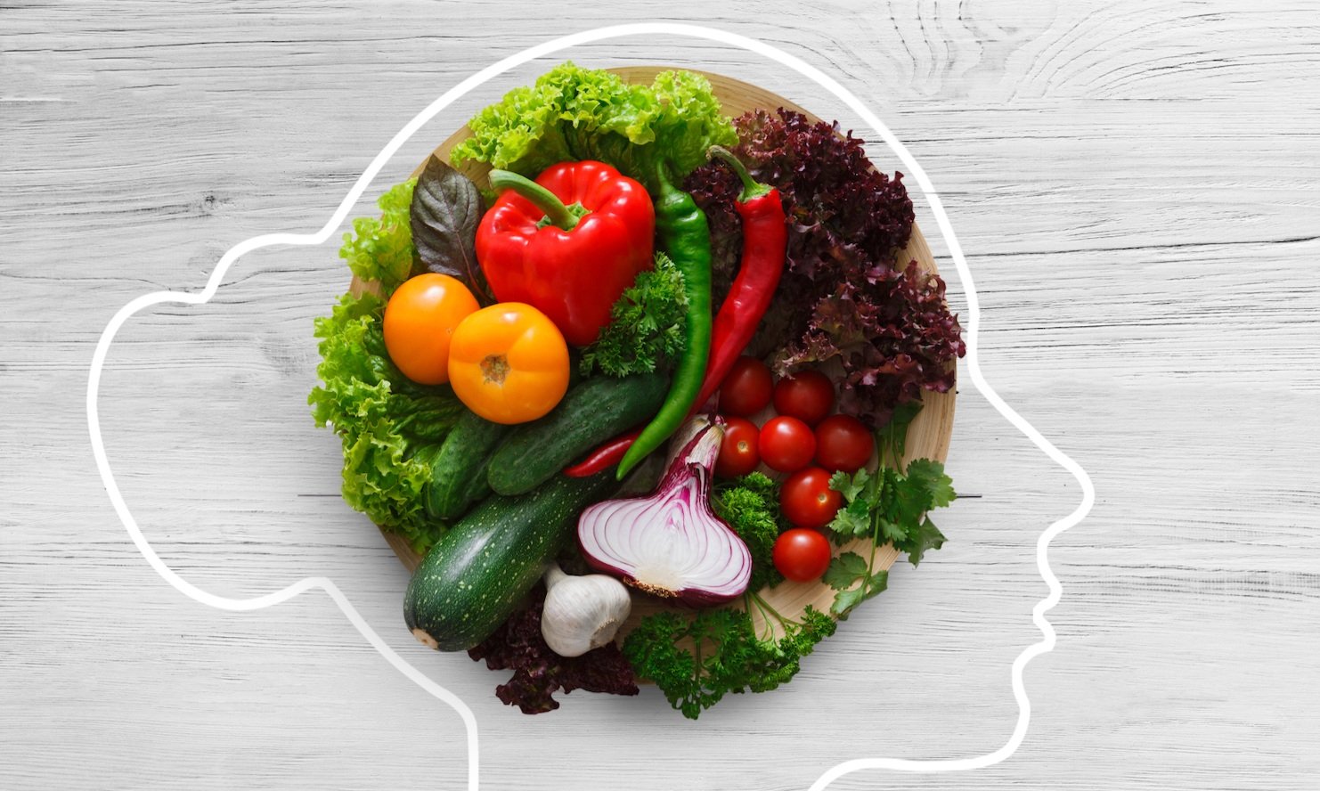 profile silhouette with vegetables where brain is