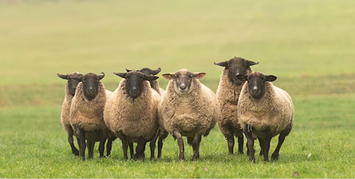 Sheep lined up in a pasture.