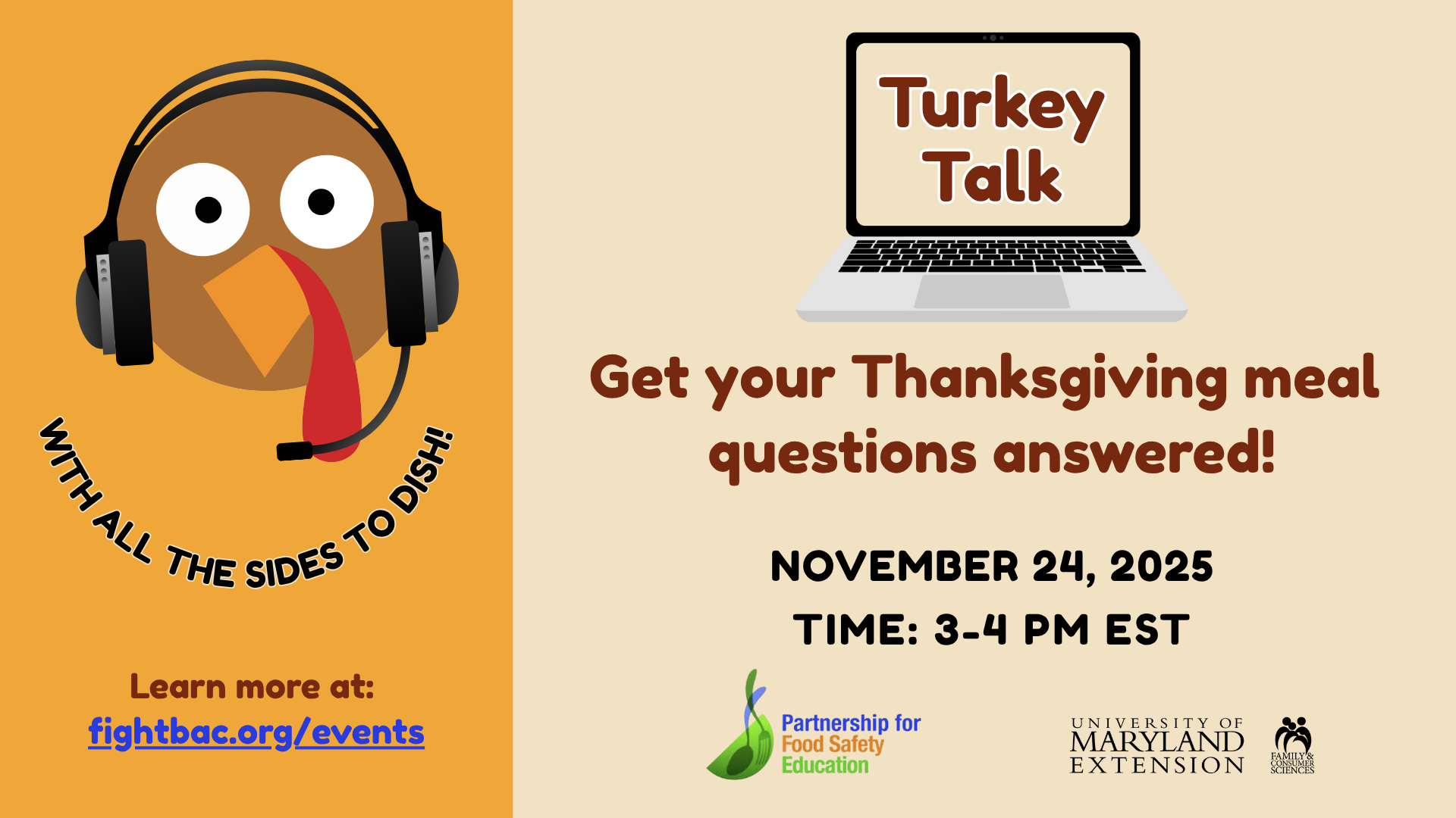 Drawing of a turkey wearing a headset and image of laptop standing by ready to answer questions about safe holiday meal prep.