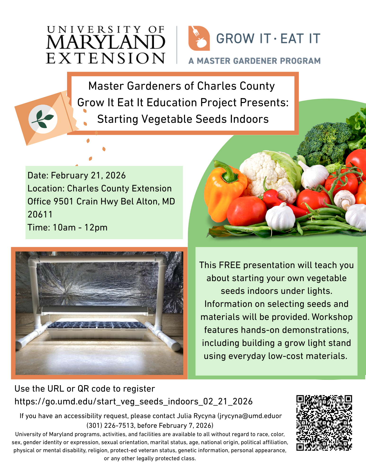 Flyer included event details and a photo of an example of an indoor grow lamp set up.