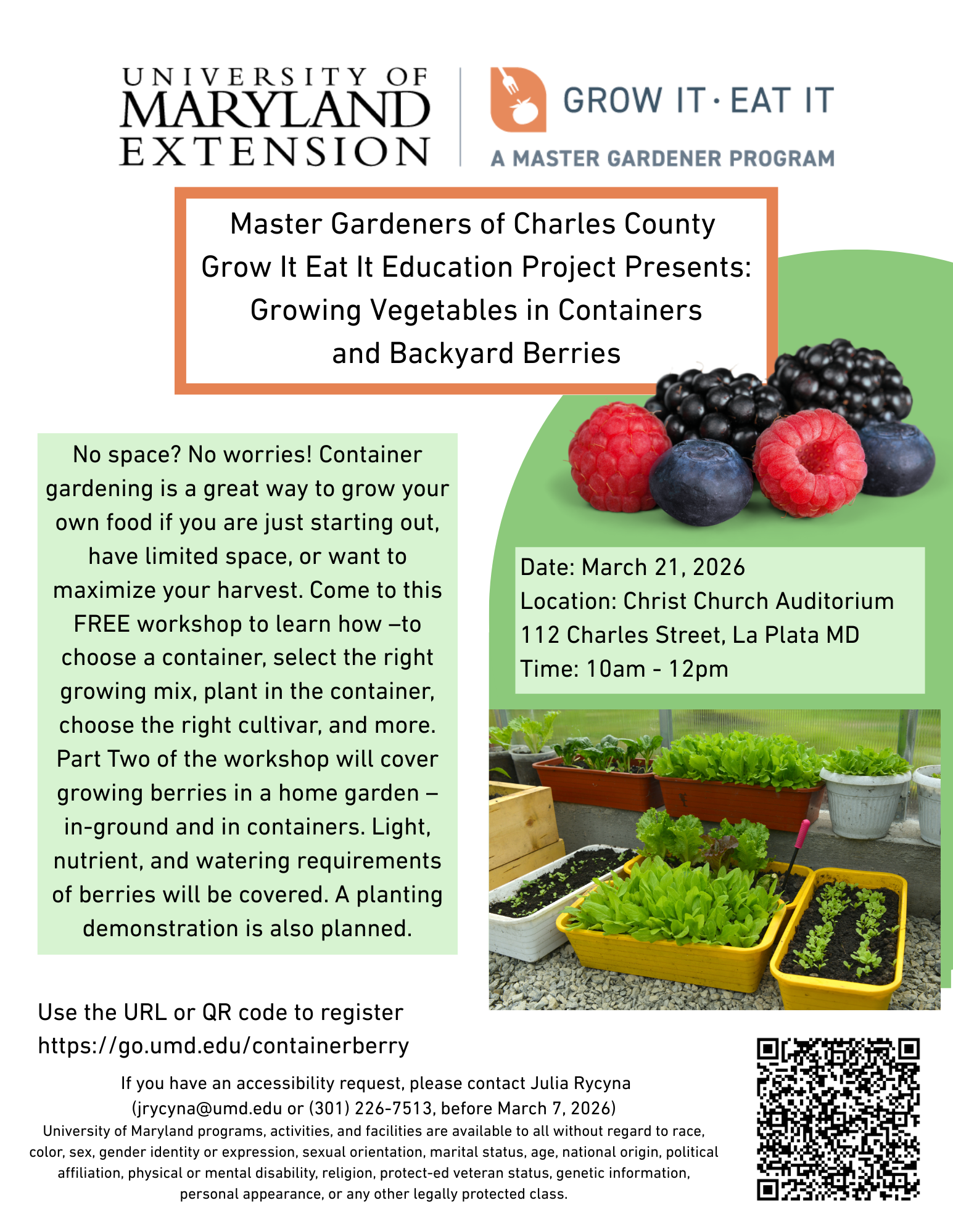 Flyer included event details and a photo of leafy greens grown in containers.