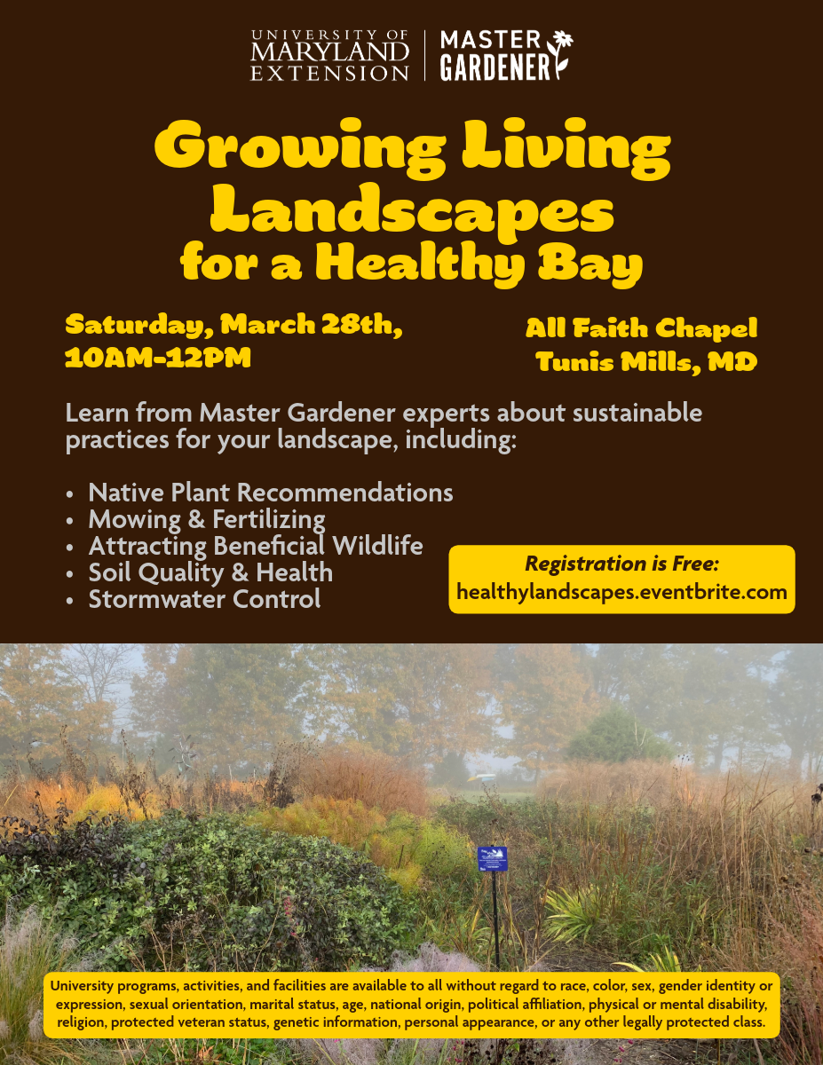 Flyer for the program "Growing Living Landscapes for a Healthy Bay" on Saturday, March 28th from 10AM-12PM located at the All Faith Chapel in Tunis Mills, MD. Registration is free and requested: healthylandscapes.eventbrite.com