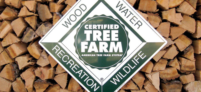 American Tree Farm System Logo against cut firewood logs