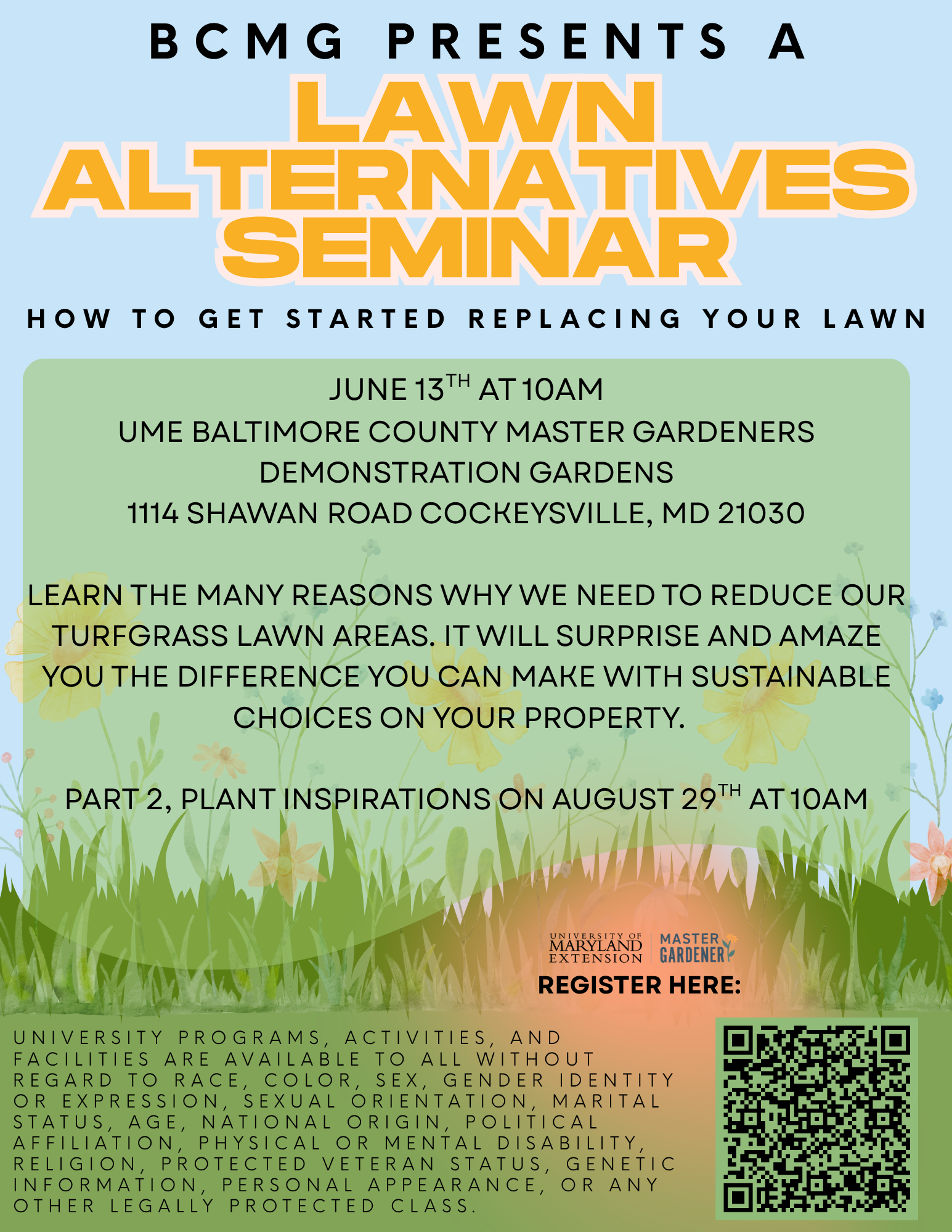 Flyer for event notating date and time. QR code to register. Part 2 of series, Plant Inspirations, on August 29 at 10am.