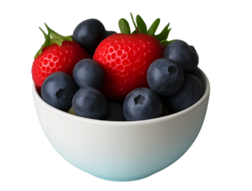 White bowl containing strawberries and blueberries