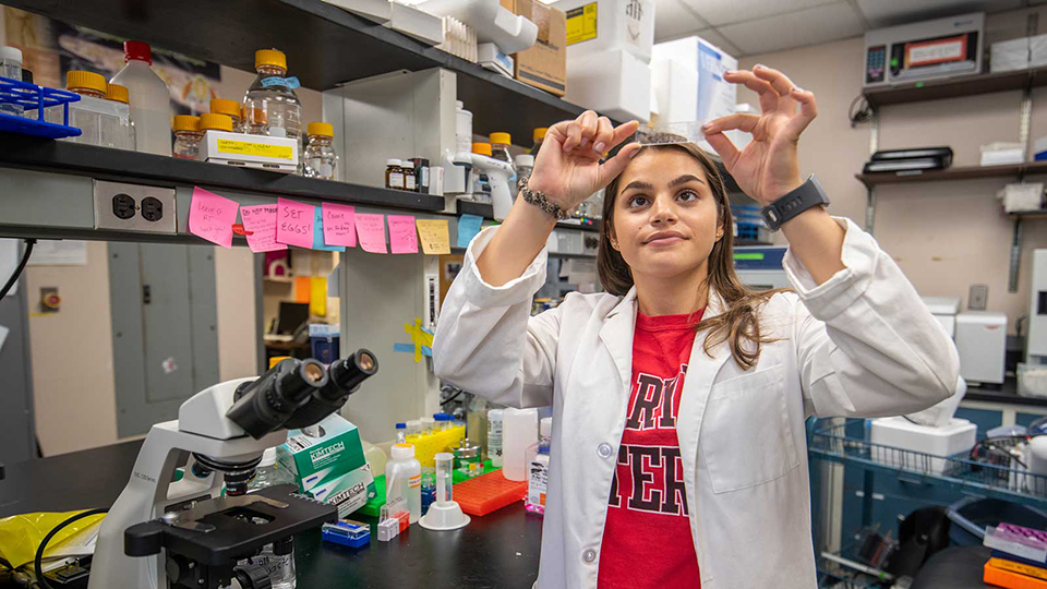 Female student in a lab examining a slide 