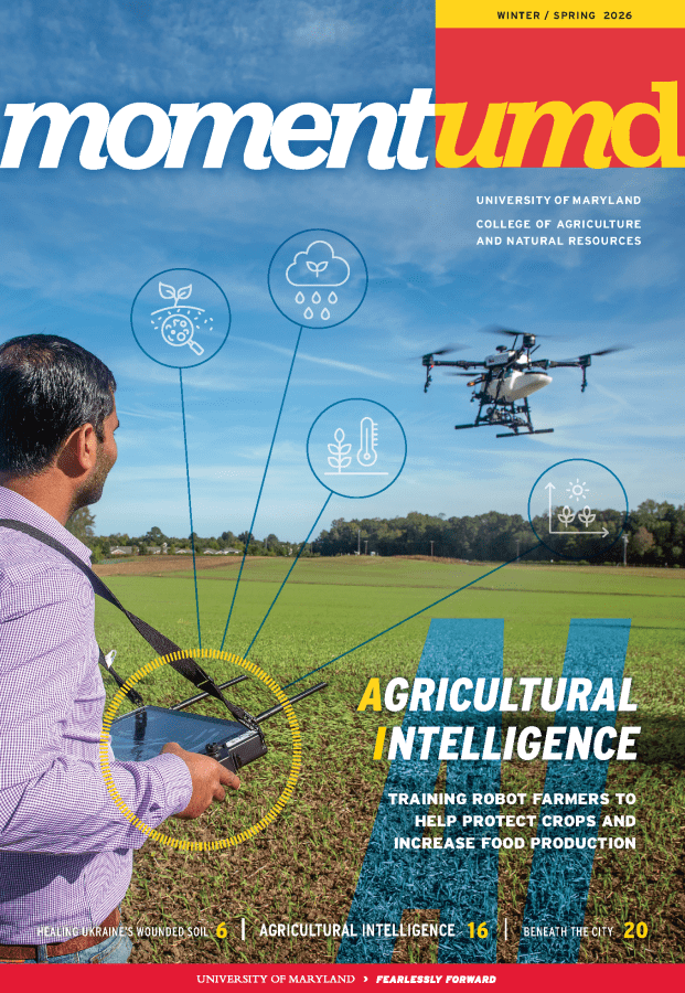 Momentum cover featuring Hemendra Kumar flying a drone at a farm