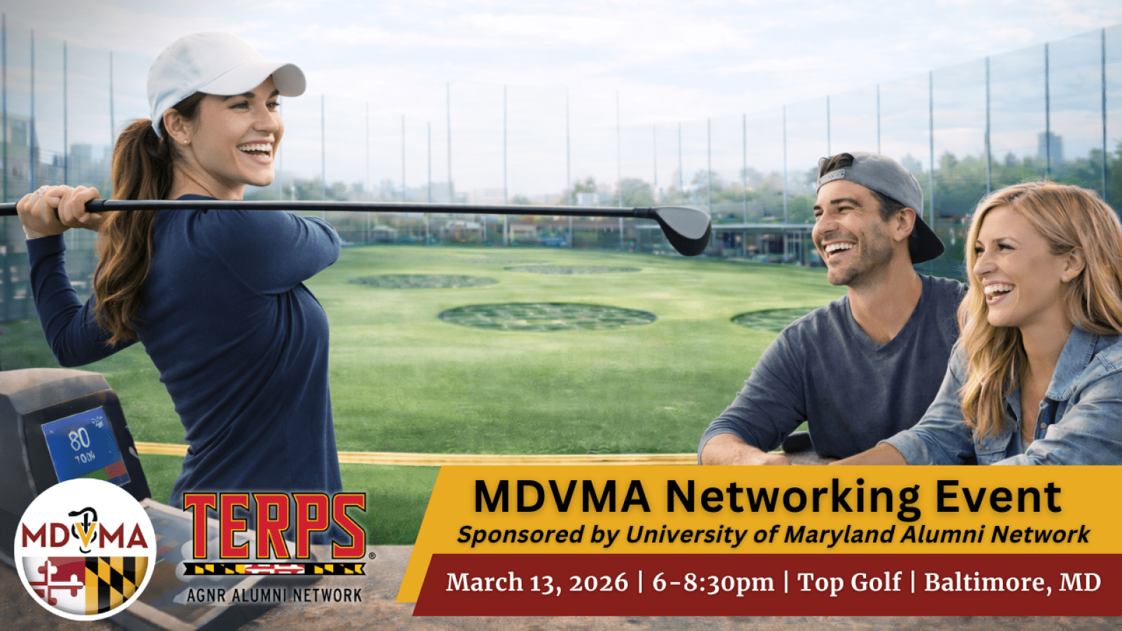 Networking event graphic featuring golfers at Top Golf
