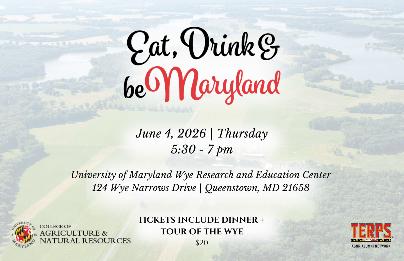 Eat, Drink & be Maryland event graphic with details: June 4 from 5:30-7:30pm in Queenstown, Maryland