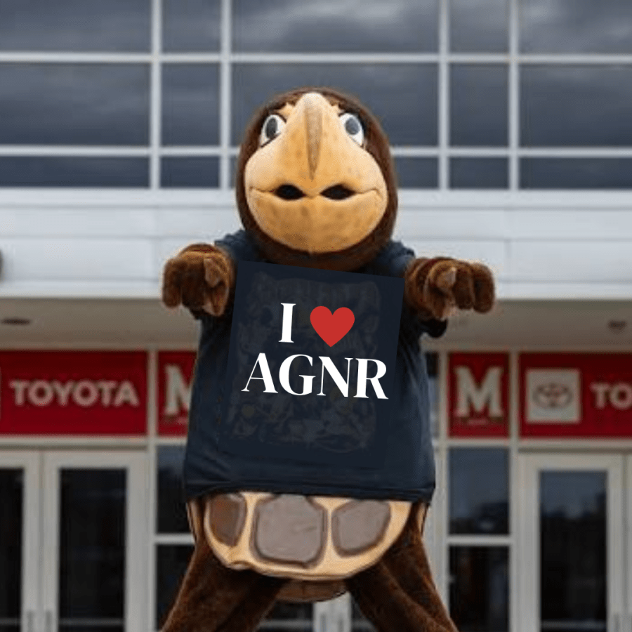 Testudo the UMD mascot is standing in front of the Xfinity center pointing at the camera. He is wearing a black shirt that says I [heart] AGNR